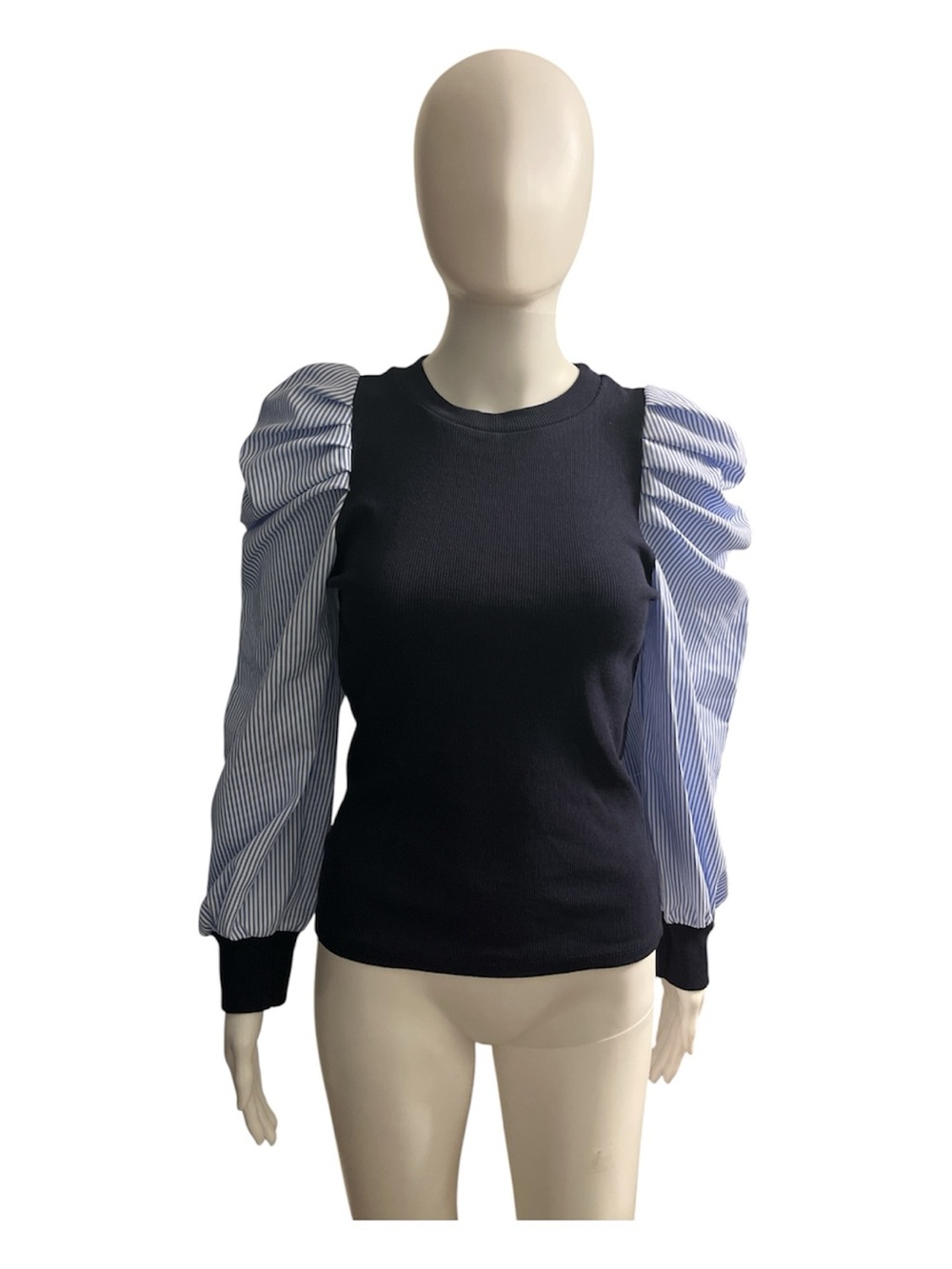Striped Puff-Sleeve Knit Top - Navy & Blue